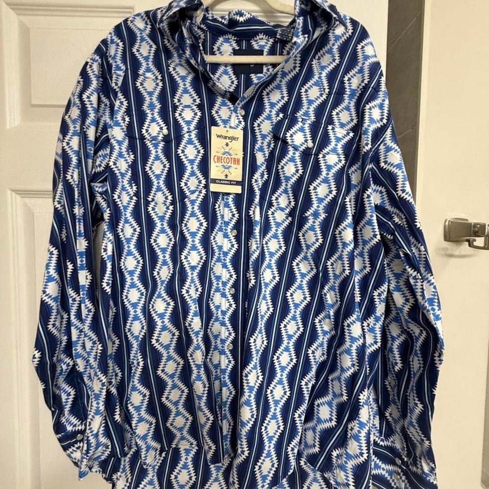 Wrangler Checotah Mens XL Blue White Geometric Western Button Up Shirt NEW